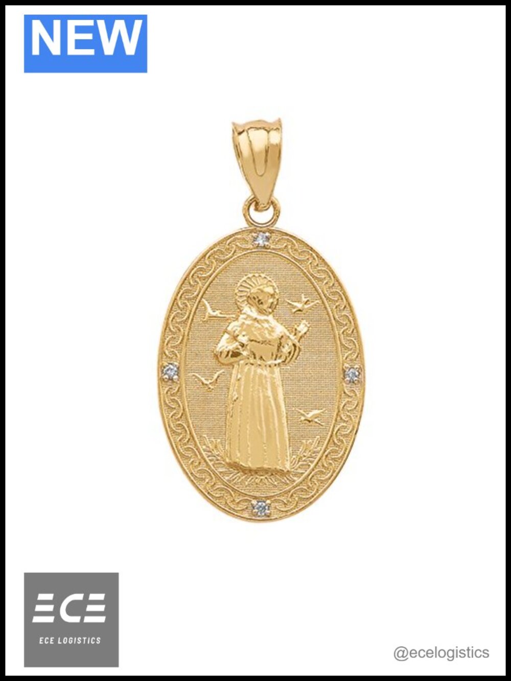 10K Yellow Gold Saint Francis of Assisi Diamond Oval Medal Charm Pendant